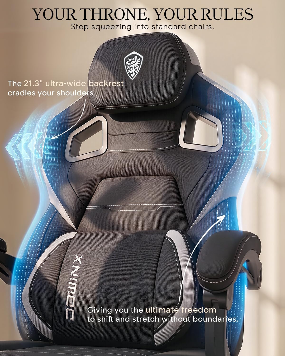 Dowinx Big and Tall Gaming Chair with Footrest, Black | Breathable woven fabric with lumbar support and extra-wide seat back; big-and-tall frame fits larger, heavier users.