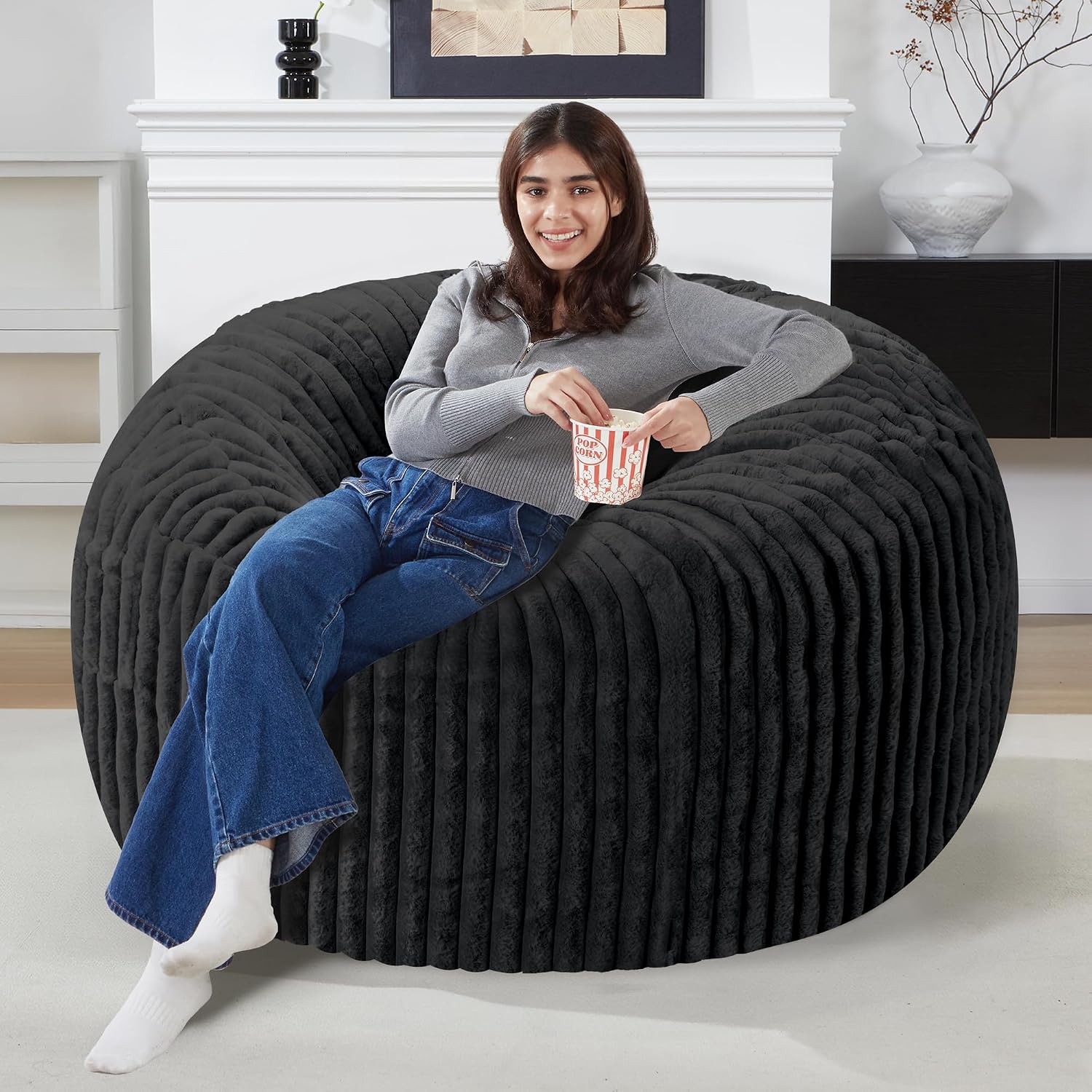 Homguava 3 FT Bean Bag Chair,3' Big Bean Bag,Large Bean Bag Chairs for Adults with Memory Foam Filled,Comfy Beanbag Chairs Soft Bean Bag Sofa with Dutch Corded Plush Cover-Jet Black