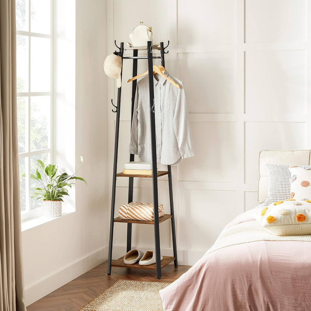 VASAGLE Coat Rack, Coat Stand with 3 Shelves, Hall Tree Free Standing with Hooks for Scarves, Bags, Umbrellas, Steel Frame, Industrial Style, for Entryway, Living Room, Rustic Brown and Black ULCR80X