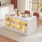 Kitchen Island with Storage, Imitation Marble Island Table with LED Lights & Cabinet for Kitchen, Modern Kitchen Carts on Wheels for Dining Room, Home Bar, White