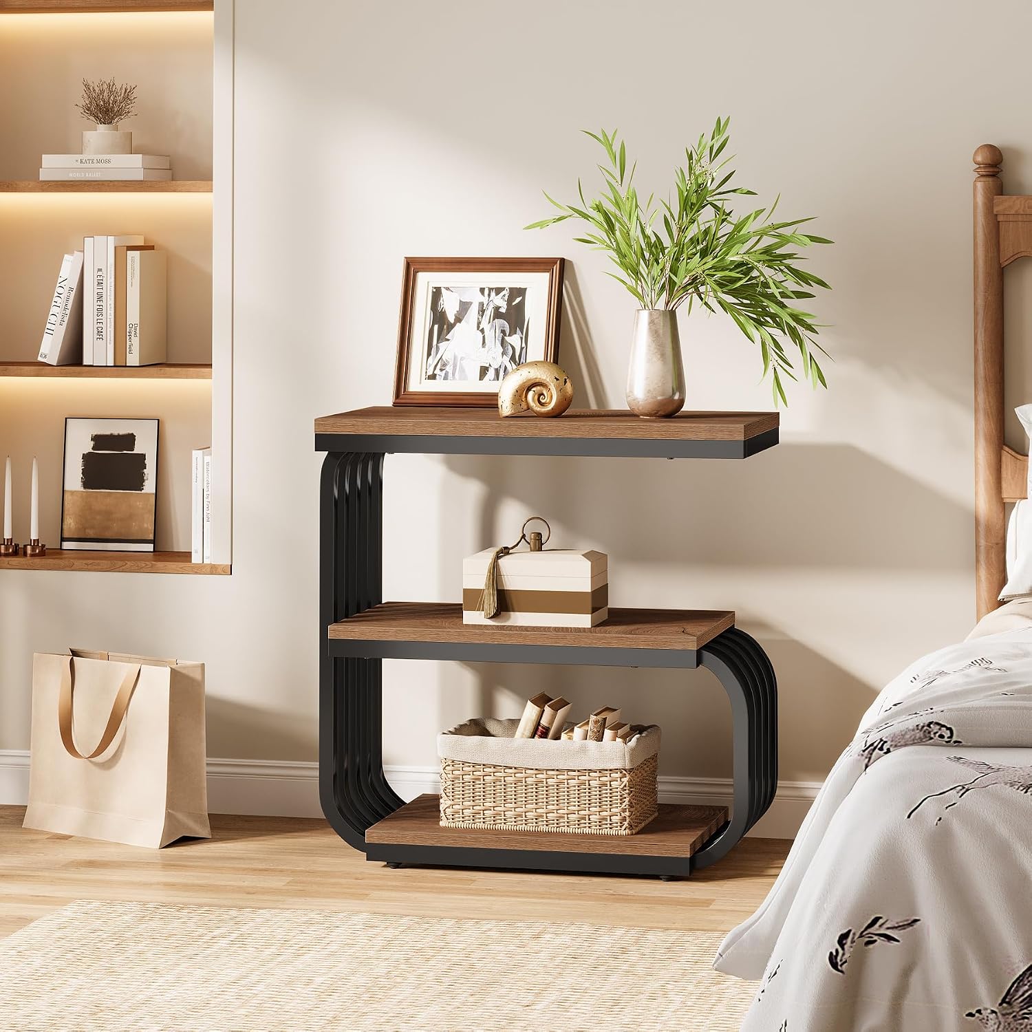 Tribesigns 3-Tier Nightstand, Narrow Bedside Stand, Industrial Vintage End Table for Bedroom, Living Room, or Small Spaces, Accent Side Table with Metal Frame (2, Brown)
