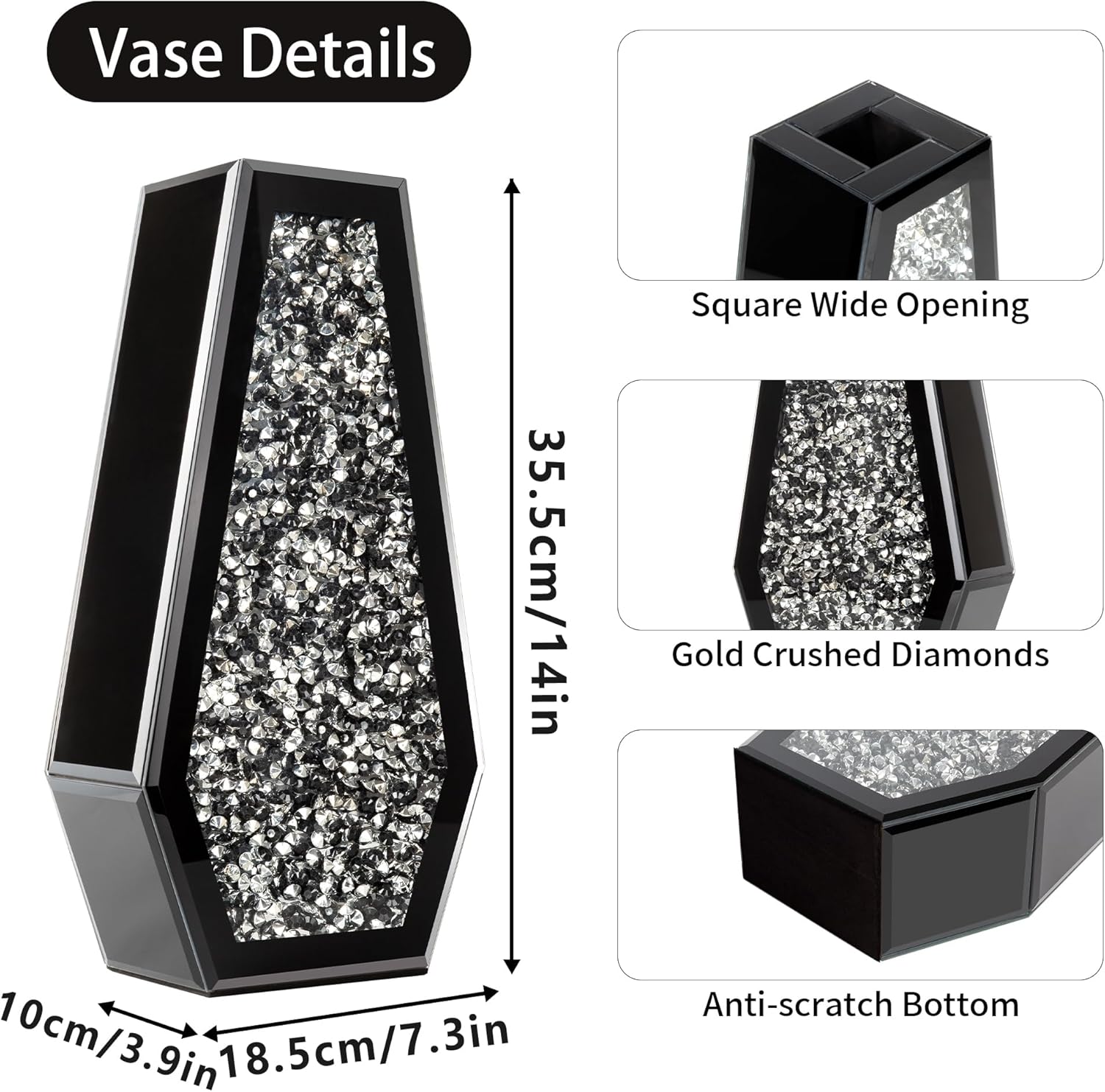 SHYFOY Black Flower Vase Crushed Diamond Glass Vase Large Mirrored Crystal Vases for Centerpieces Tall Floor Vases for Dried and Artificial Flowers Home Decor, Can’t Hold Water
