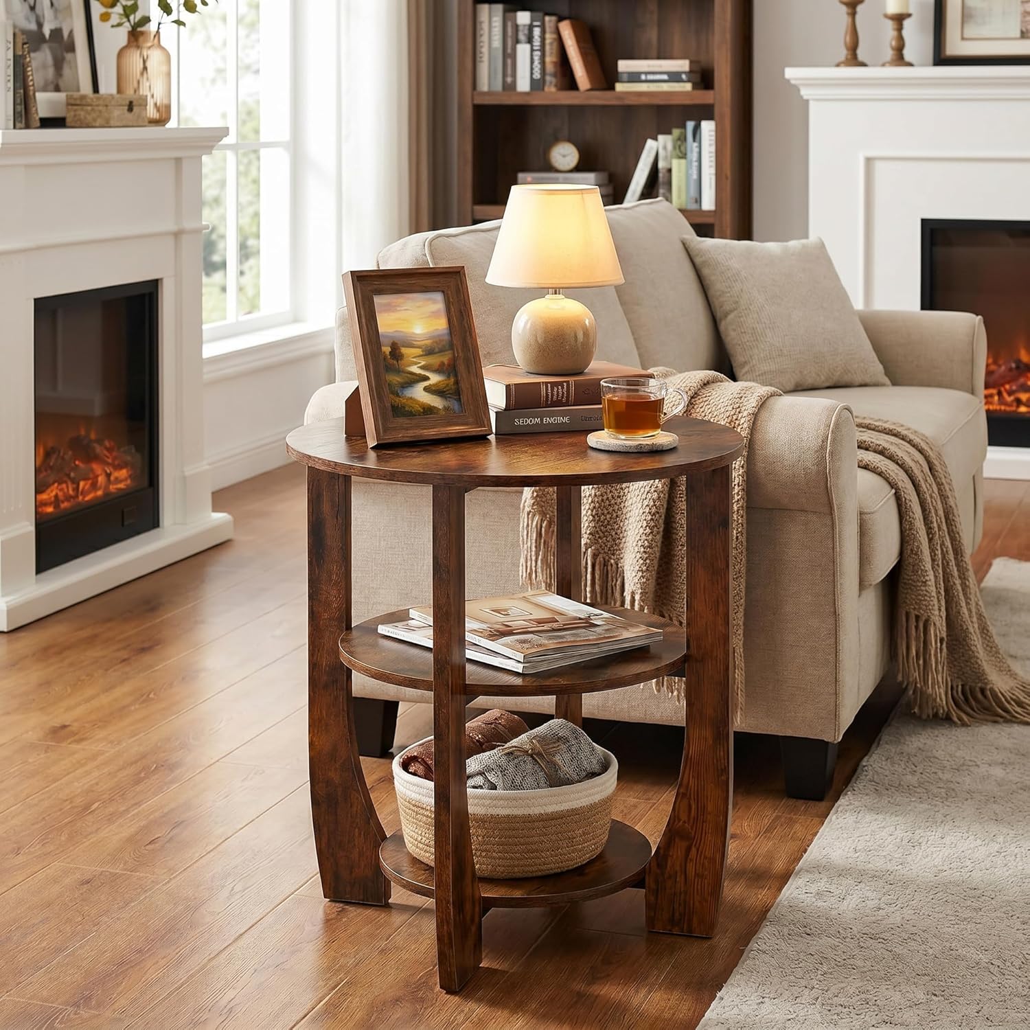 Round Side Table, 3-Tier End Table with Storage, 19.7 inch Rustic Brown Accent Table,Nightstand for Bedroom Living Room, Vintage Design for Couch, Sofa, Recliner, Small Space