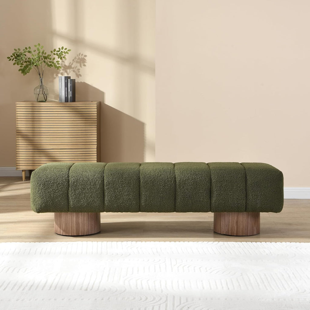 Upholstered Dining Bench, End of Bed Entryway Bench Ottoman for Bedroom Living Room, Dining Room, Green Boucle Fabric Stool Top Wood Leg, 300 LBS Weight Capacity, No-Assembly, Green