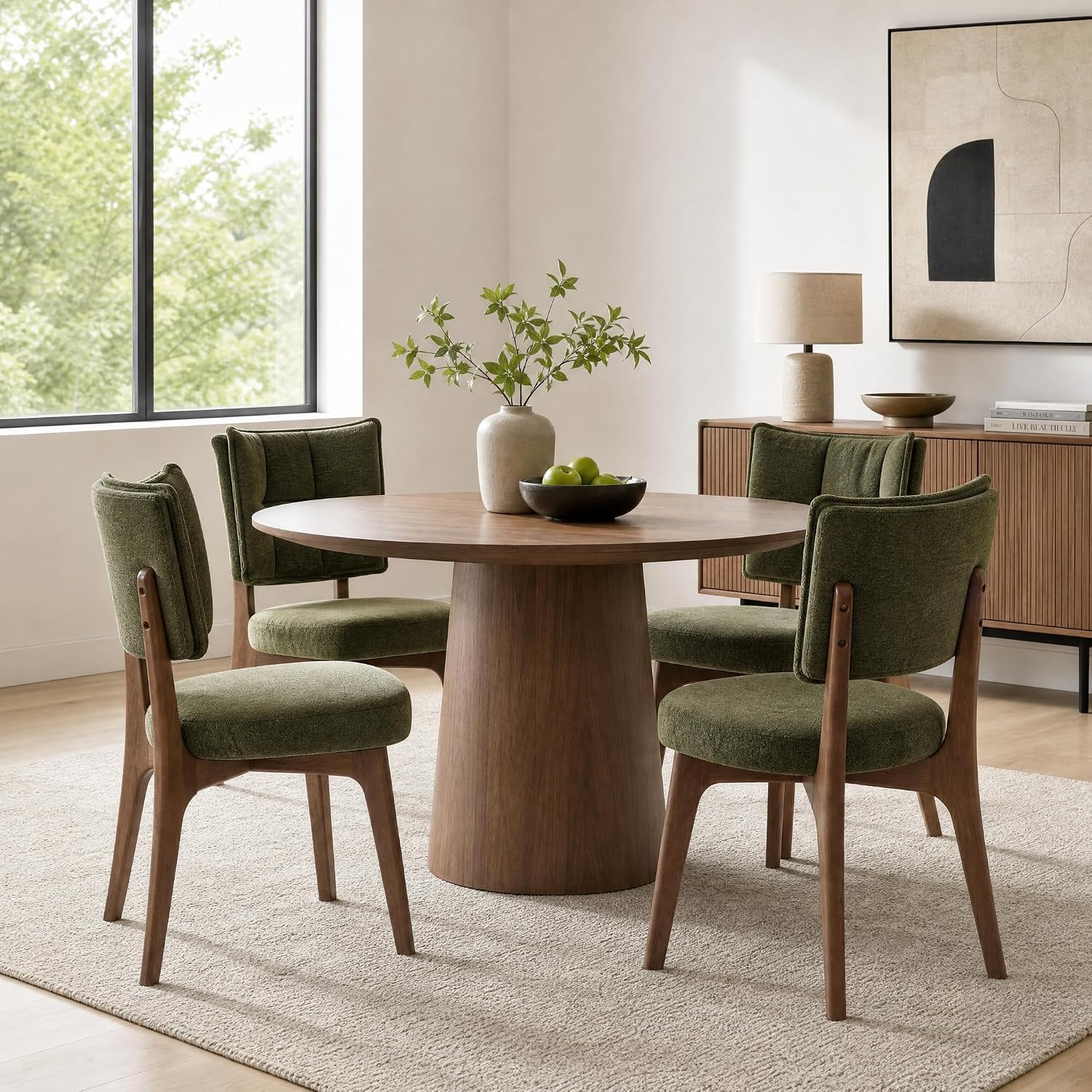 YOUNIKE Wood Frame Green Dining Chair, Chenille Fabric, Single Pack | Modern Ergonomic Upholstered Kitchen & Dining Room Chairs, Double-Layer Backrest, Comfy Soft Cushion, Easy to Assembly