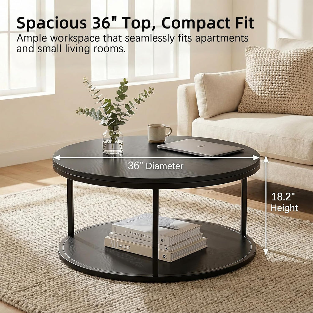 YESHOMY 36" Modern Round Coffee Table for Living Room, 2-Tier Wood Design with Storage Shelf, Sturdy Metal Frame, Stylish Small Space Furniture, Black Metal