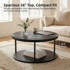 YESHOMY 36" Modern Round Coffee Table for Living Room, 2-Tier Wood Design with Storage Shelf, Sturdy Metal Frame, Stylish Small Space Furniture, Black Metal