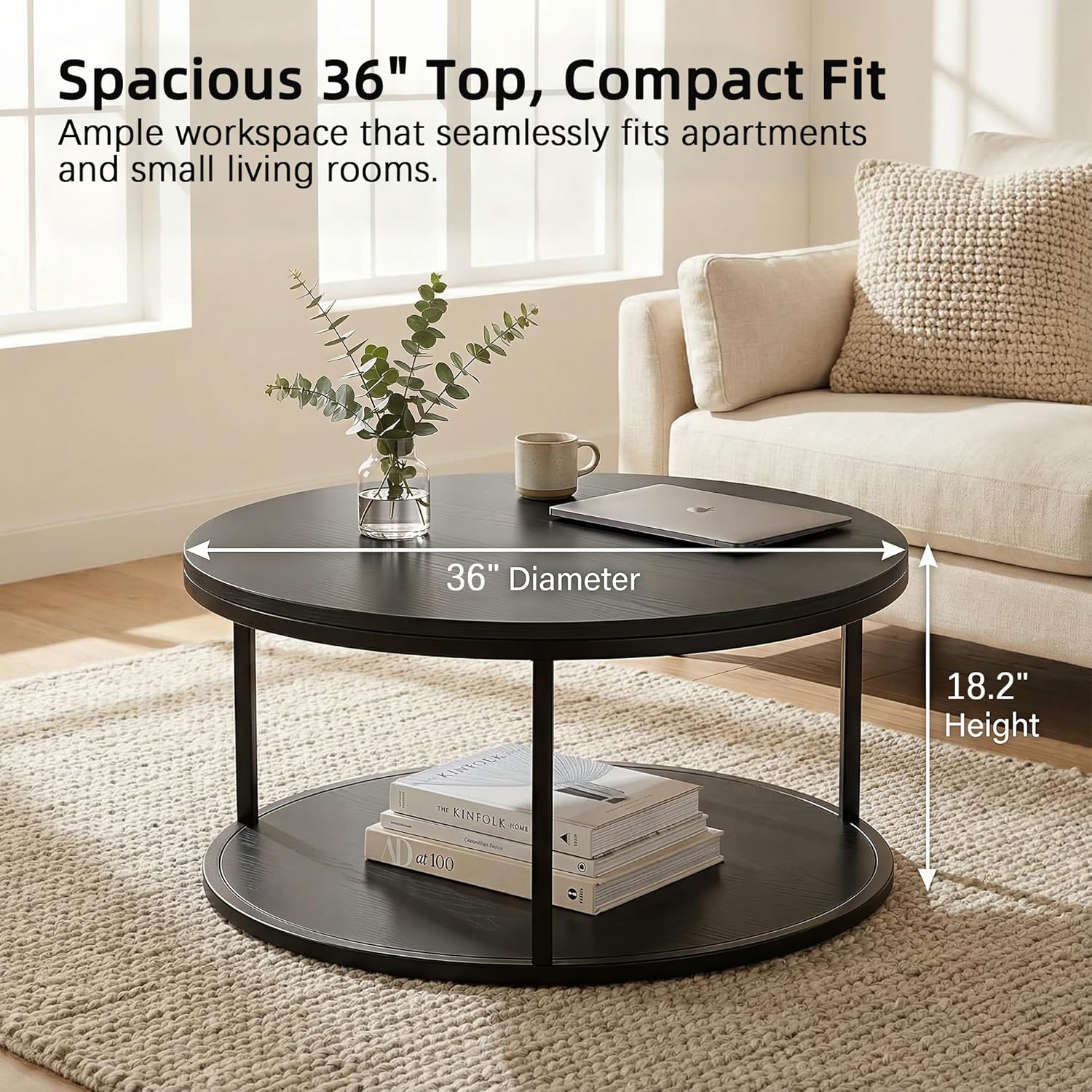 YESHOMY 36" Modern Round Coffee Table for Living Room, 2-Tier Wood Design with Storage Shelf, Sturdy Metal Frame, Stylish Small Space Furniture, Black Metal