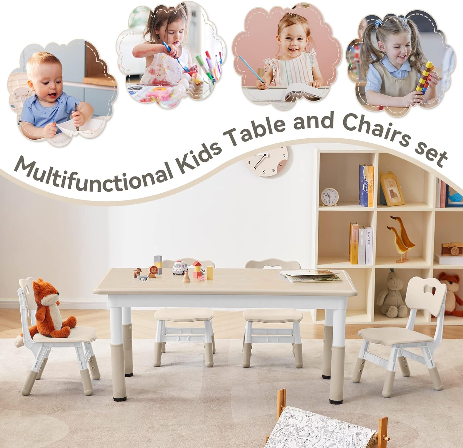 GITAWUSA Kids Study Table and Chairs Set, Height Adjustable Toddler Table and Chair Set for Kids Ages 3-8, Graffiti Desktop (Burlywood - 2)