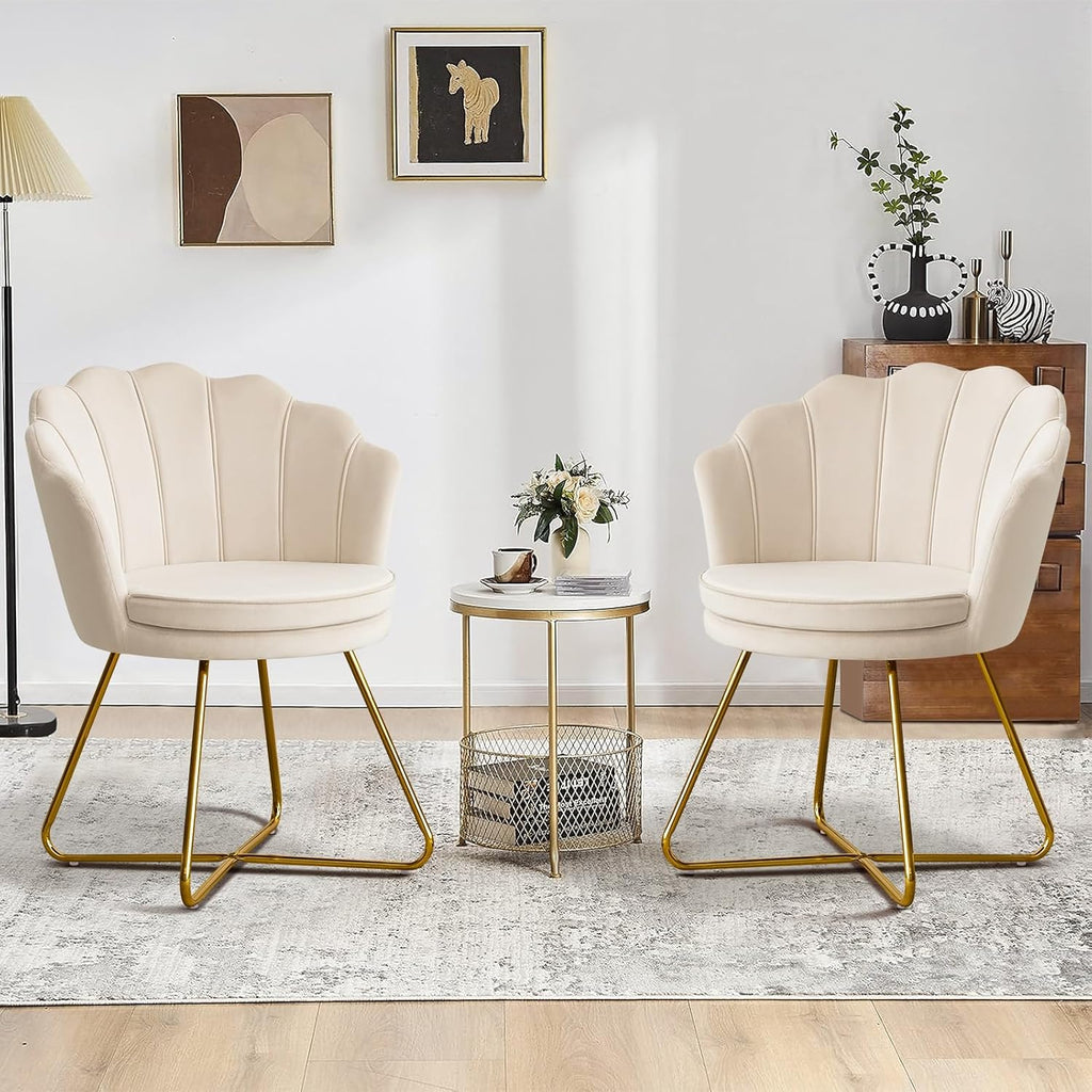 Furnimart Accent Chairs Set of 2 for Living Room, Shell Vanity Chair with Back, Criss Cross Chair with Gold Legs, Side Chair for Bedroom, Makeup Room, Desk Chair no Wheels, Velvet Khaki 2PCS