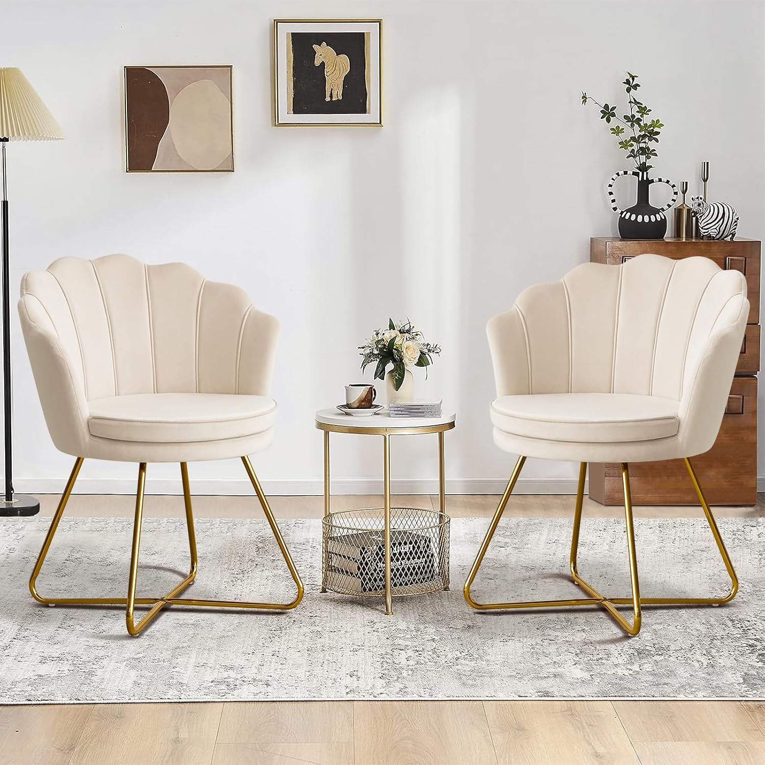 Furnimart Accent Chairs Set of 2 for Living Room, Shell Vanity Chair with Back, Criss Cross Chair with Gold Legs, Side Chair for Bedroom, Makeup Room, Desk Chair no Wheels, Velvet Khaki 2PCS