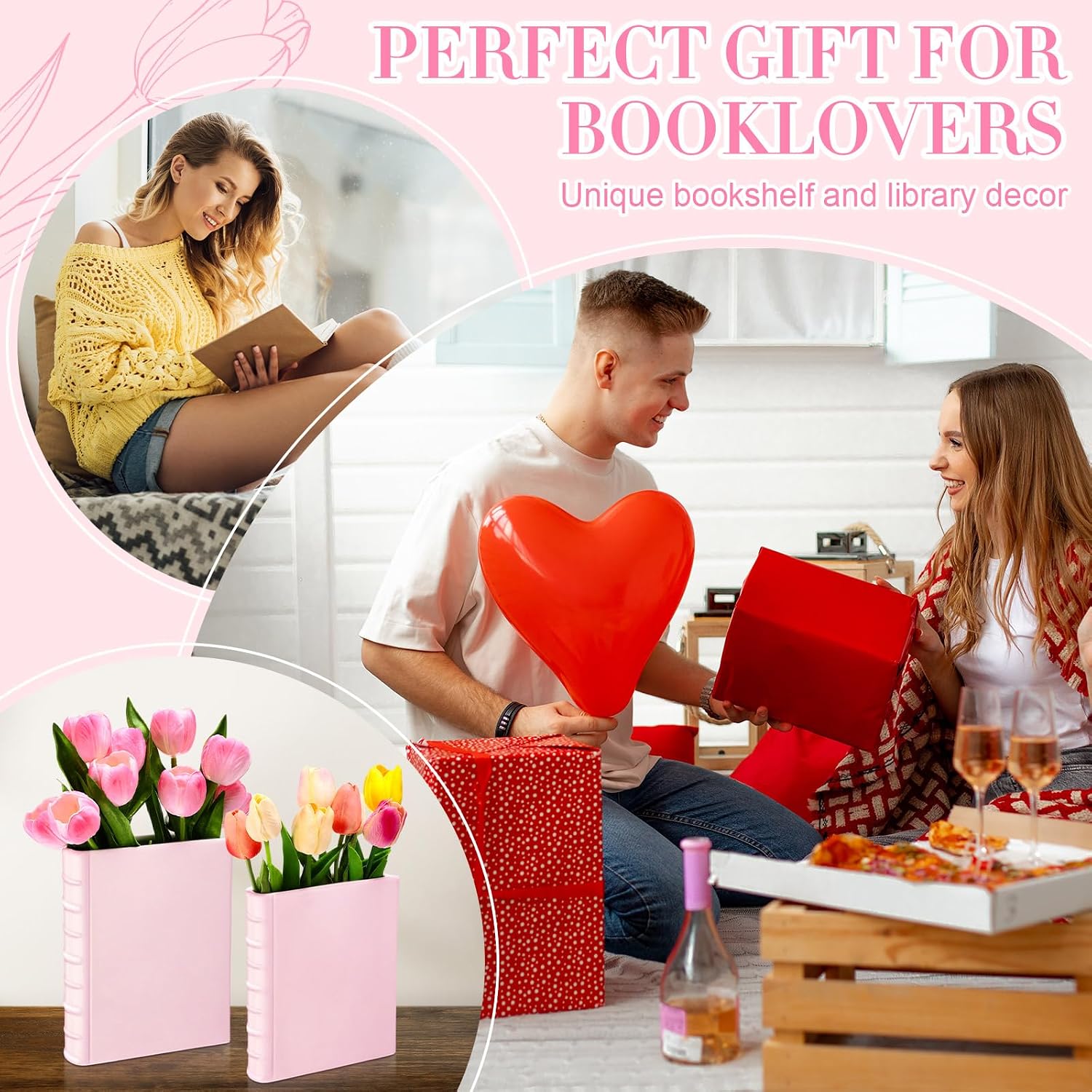 Vesici 2 Pcs Ceramic Book Shape Vase for Flowers Gifts for Christmas Cute Bookshelf Decor Vase for Book Lovers Gifts Unique Vases Home Decor for Bookshelf Dining Table Office Home(Pink)
