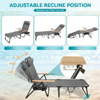Beach Lounge Chair, Folding Outdoor Chaise Lounge Chair with Arms, 4-Position Backrest, Extended Sun Tanning Chair Pillow & Cup Holder, Patio Lounger for Outside for Beach Pool Patio Yard (Gray)