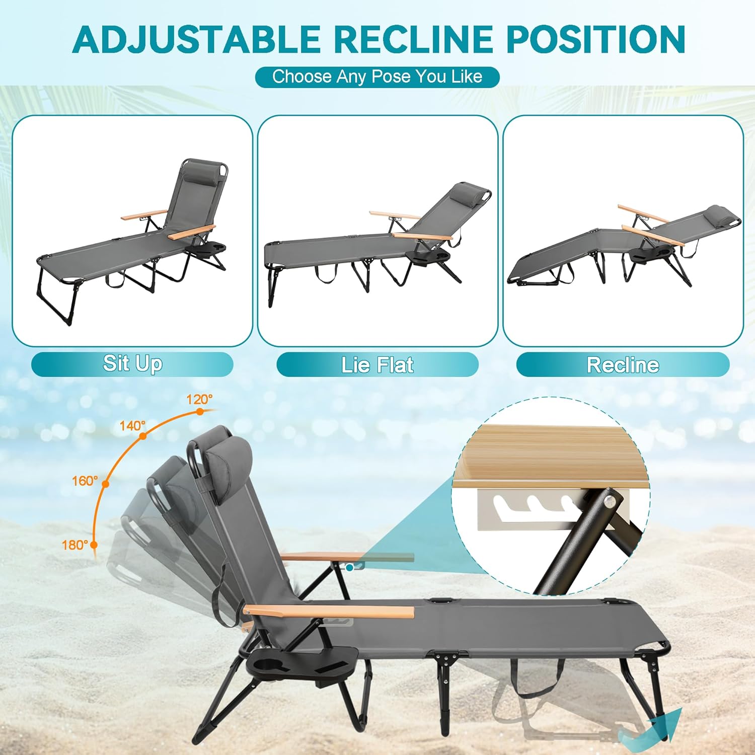 Beach Lounge Chair, Folding Outdoor Chaise Lounge Chair with Arms, 4-Position Backrest, Extended Sun Tanning Chair Pillow & Cup Holder, Patio Lounger for Outside for Beach Pool Patio Yard (Gray)