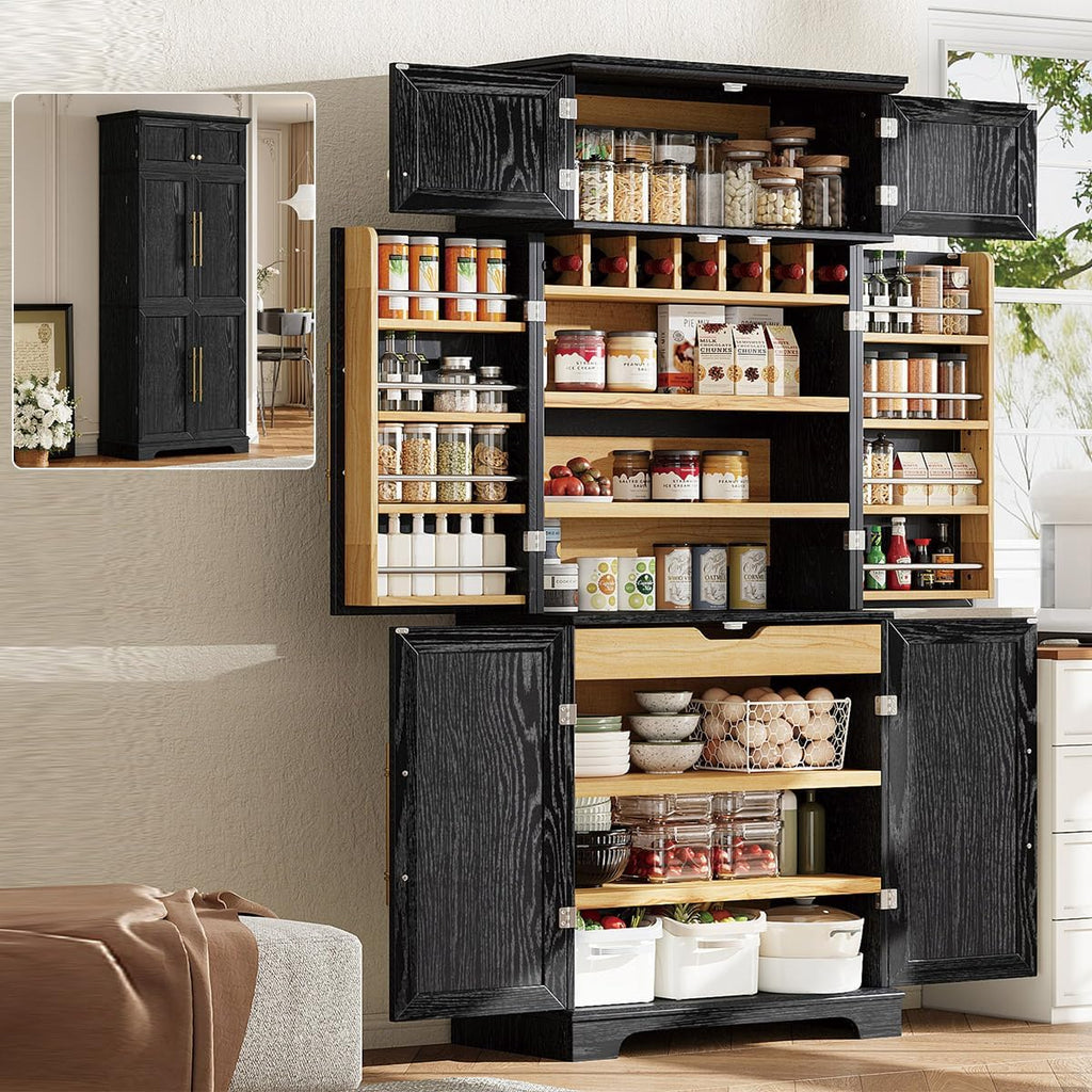 78.2" Tall Farmhouse Kitchen Pantry Cabinet with 8 Door Shelves & 4 Adjustable Shelves, Modern Storage Cabinet with Hidden Drawer & Wine Rack, Versatile Storage Cupboard for Kitchen (Black)