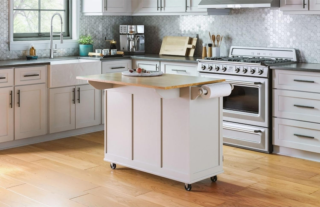 Homestyles Dolly Madison Off-White Mobile Kitchen Island Cart with Wood Drop Leaf Breakfast Bar