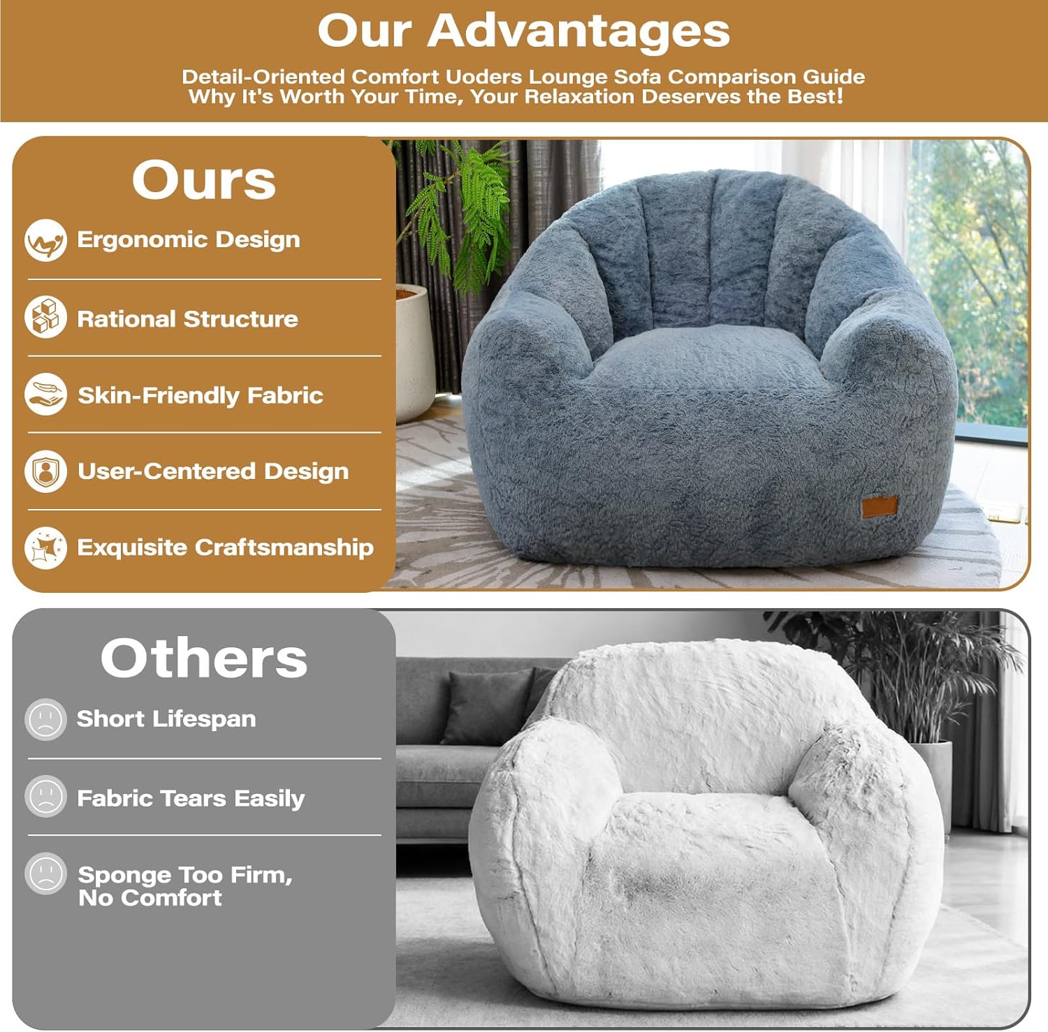 Giant Bean Bag Chair for Adults, Teens and Kids, Cozy Fluffy Corduroy Beanbag Chair with Filler, Large Floor Lounge Sofa for Living Room, Bedroom, Dorm, Gaming and Reading (XL-Navy)