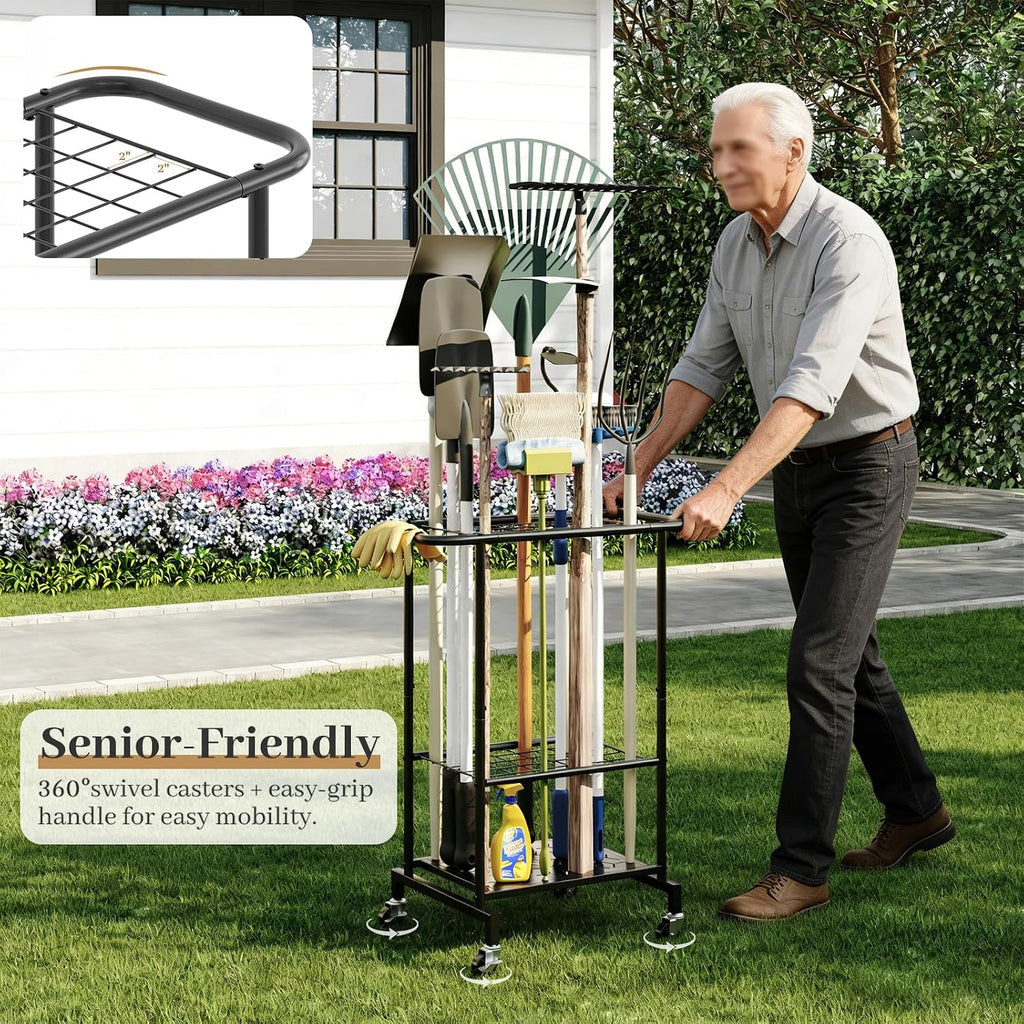 Garden Tool Organizer with Wheels, Heavy Duty Metal Garage Tool Storage Rack, Yard Tool Holder for Long-Handled Tools, Rakes and Brooms, Indoor and Outdoor Use for Shed, Patio