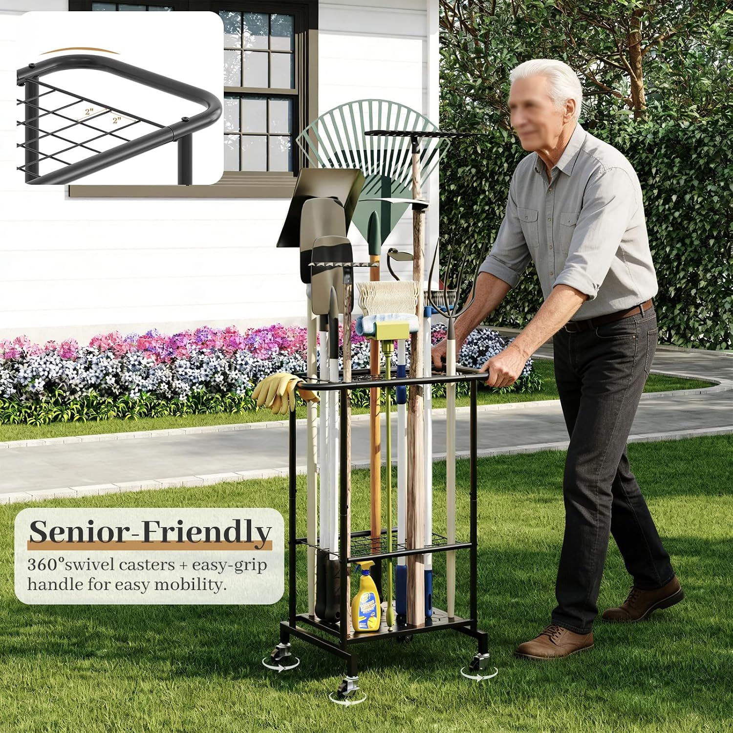 Garden Tool Organizer with Wheels, Heavy Duty Metal Garage Tool Storage Rack, Yard Tool Holder for Long-Handled Tools, Rakes and Brooms, Indoor and Outdoor Use for Shed, Patio