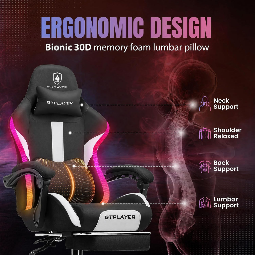 GTPLAYER RGB Gaming Chair with Footrest, LED Lights, Ergonomic Computer Chair with Linkage Armrest, Breathable Fabric for Home Office Desk - Video Game Chairs for Adults