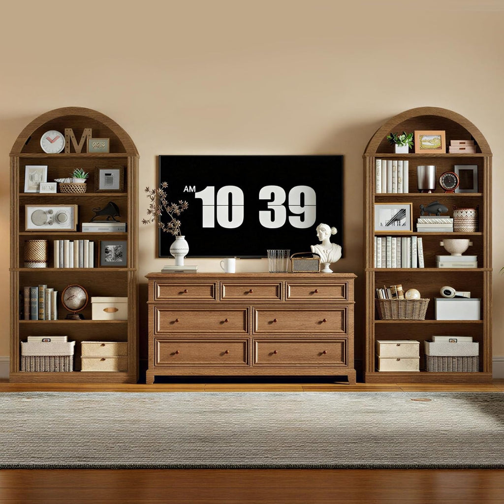 RALGEND Arched Bookshelf, 75.8" Tall Arch Bookcase with Storage, 6-Tier Farmhouse Book Shelf, Arched Cabinet, Wooden Bookshelf with Open Display Shelves, Adjustable Shelf, Office, Walnut