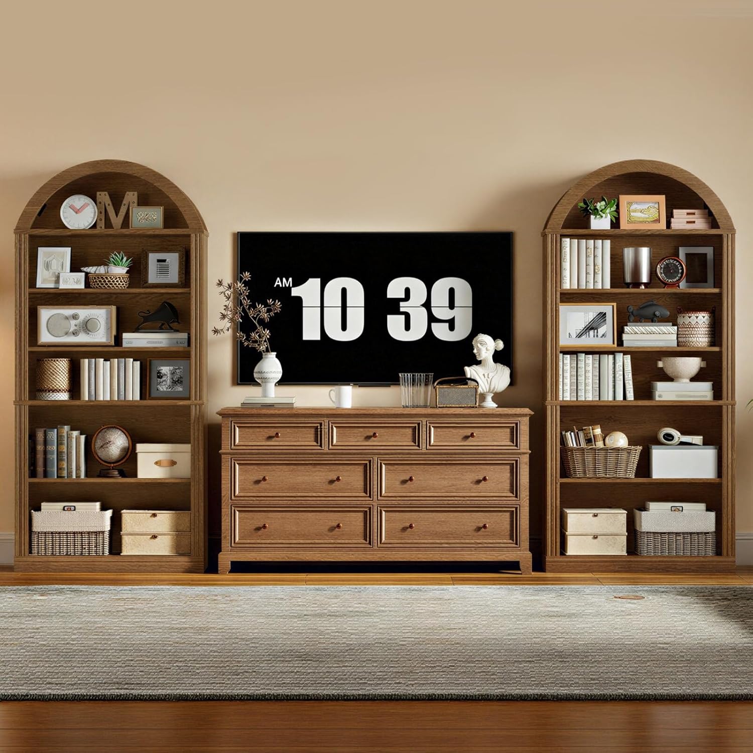 RALGEND Arched Bookshelf, 75.8" Tall Arch Bookcase with Storage, 6-Tier Farmhouse Book Shelf, Arched Cabinet, Wooden Bookshelf with Open Display Shelves, Adjustable Shelf, Office, Walnut