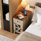 HAIOOU Farmhouse End Table with Charging Station, Narrow Side Tables with Storage Cabinet and Drawer, Wood Nightstand with Power Outlets & USB Ports for Bedroom, Living Room(Grey and Brown)