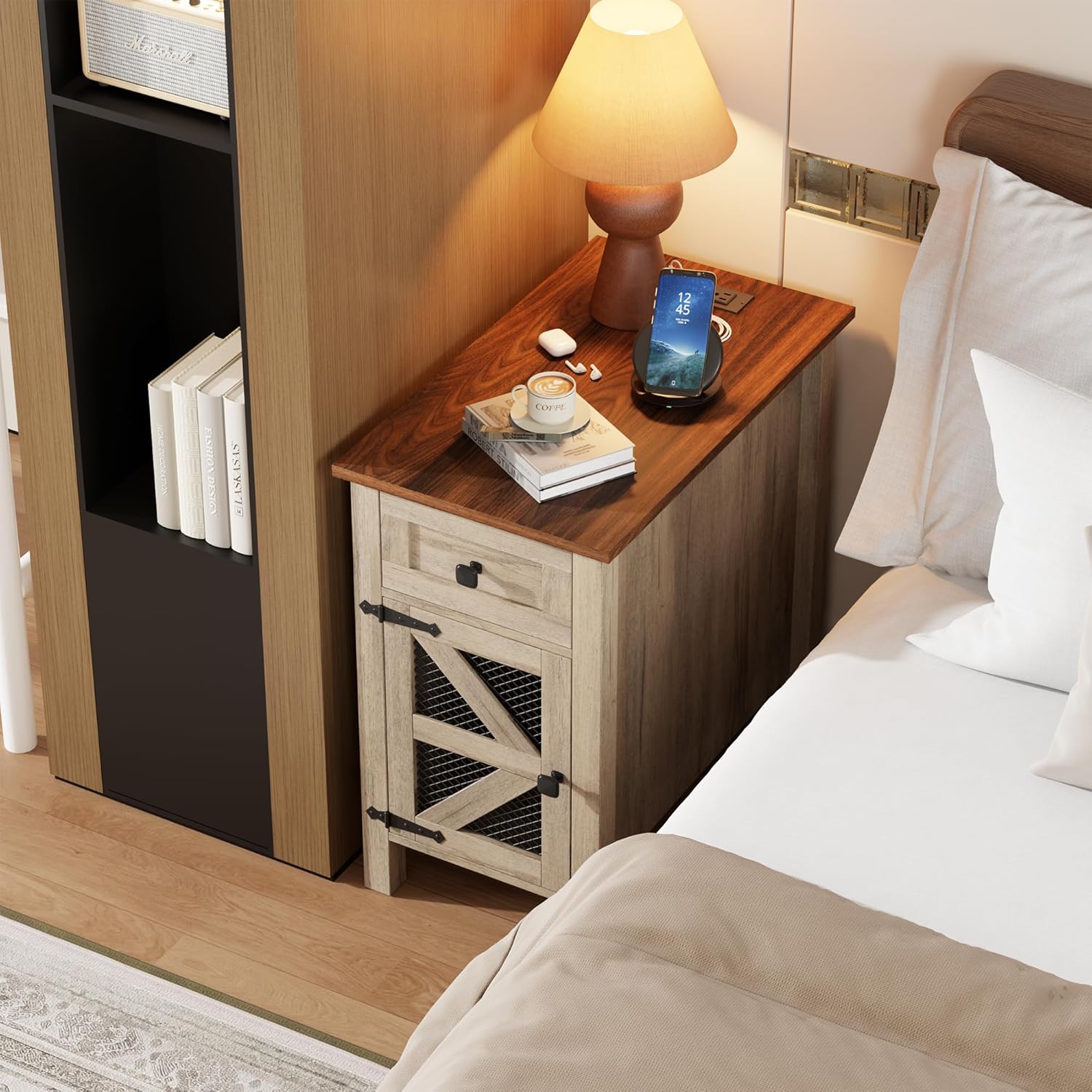 HAIOOU Farmhouse End Table with Charging Station, Narrow Side Tables with Storage Cabinet and Drawer, Wood Nightstand with Power Outlets & USB Ports for Bedroom, Living Room(Grey and Brown)