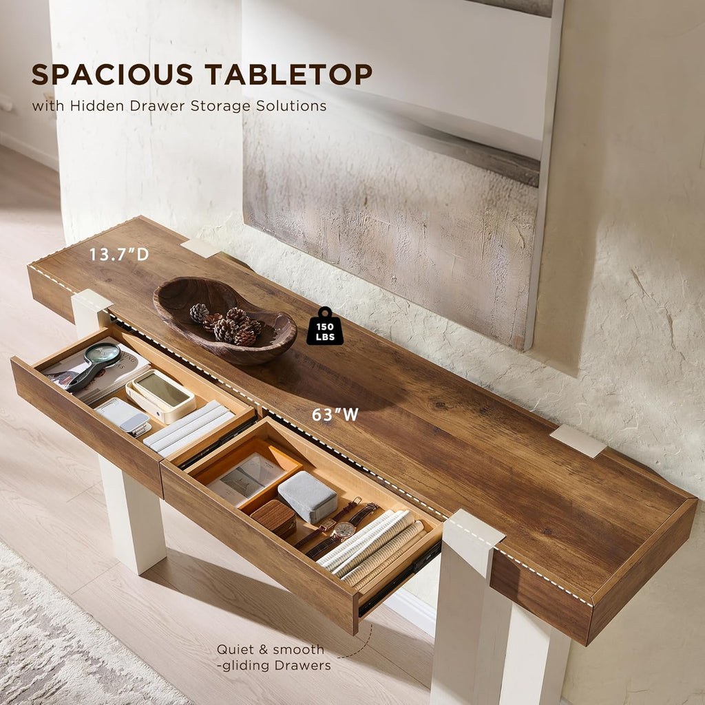OKD Modern Farmhouse Entryway Table with 2 Drawers, 63" Wooden Console Table for Hallway, Sofa and Living Room, Antique White