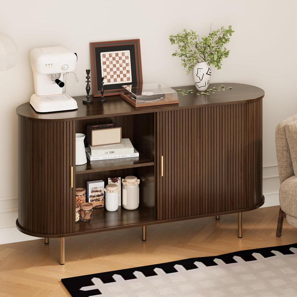 DHH Sideboard Buffet Cabinet with Storage,Mid Century Modern Fluted Accent Coffee Bar Console Table,Tambour Sliding Doors& Adjustable Shelf for Kitchen, Living Room, Entryway(Walnut,55 Inch)