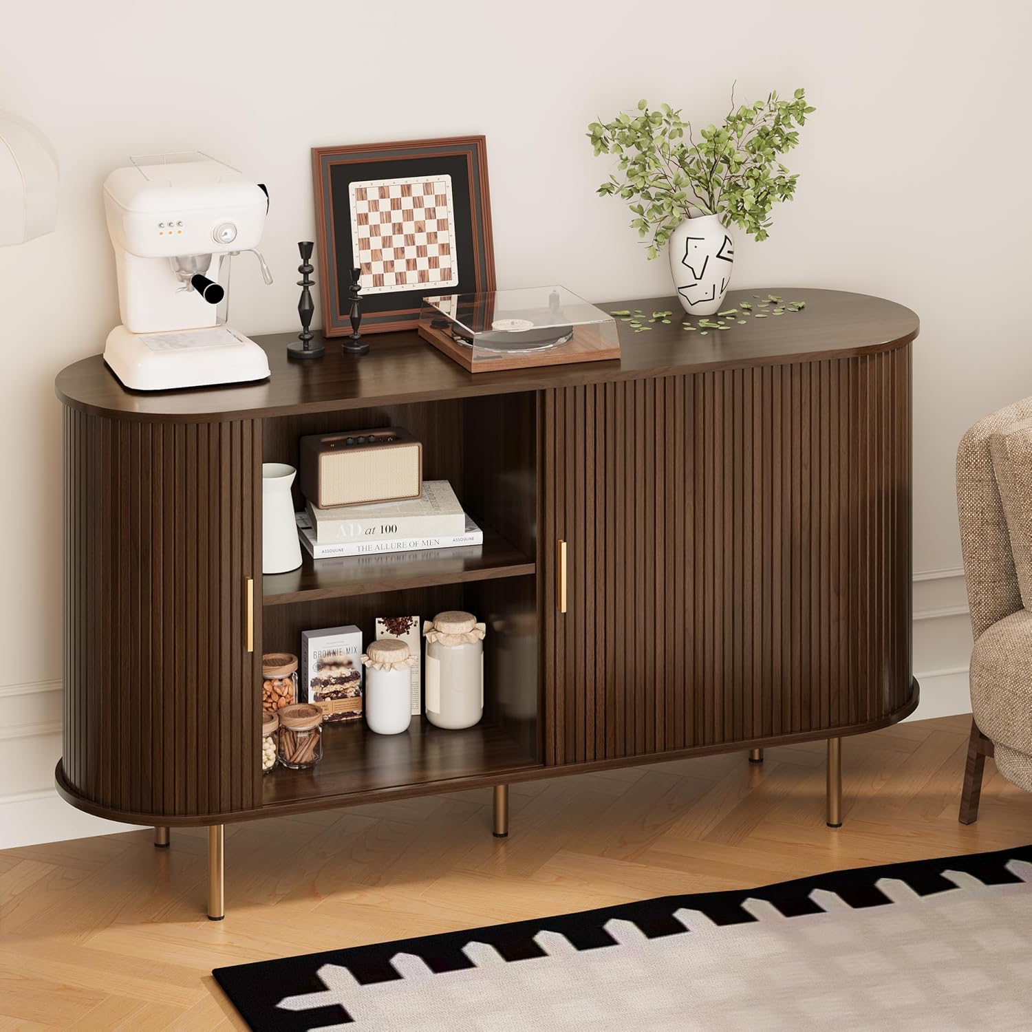 DHH Sideboard Buffet Cabinet with Storage,Mid Century Modern Fluted Accent Coffee Bar Console Table,Tambour Sliding Doors& Adjustable Shelf for Kitchen, Living Room, Entryway(Walnut,55 Inch)
