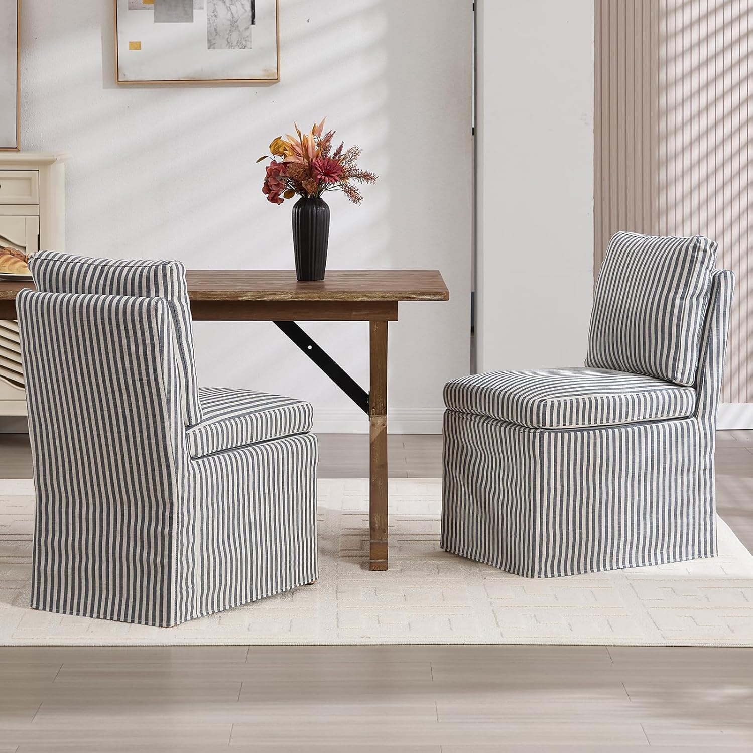 Slipcovered Dining Chairs Set of 2, Farmhouse Upholstered Dining Chair with Solid Wood Legs, Soft Padded Armless Side Chair for Dining/Living/Reading Room, Banquet, Blue Stripe