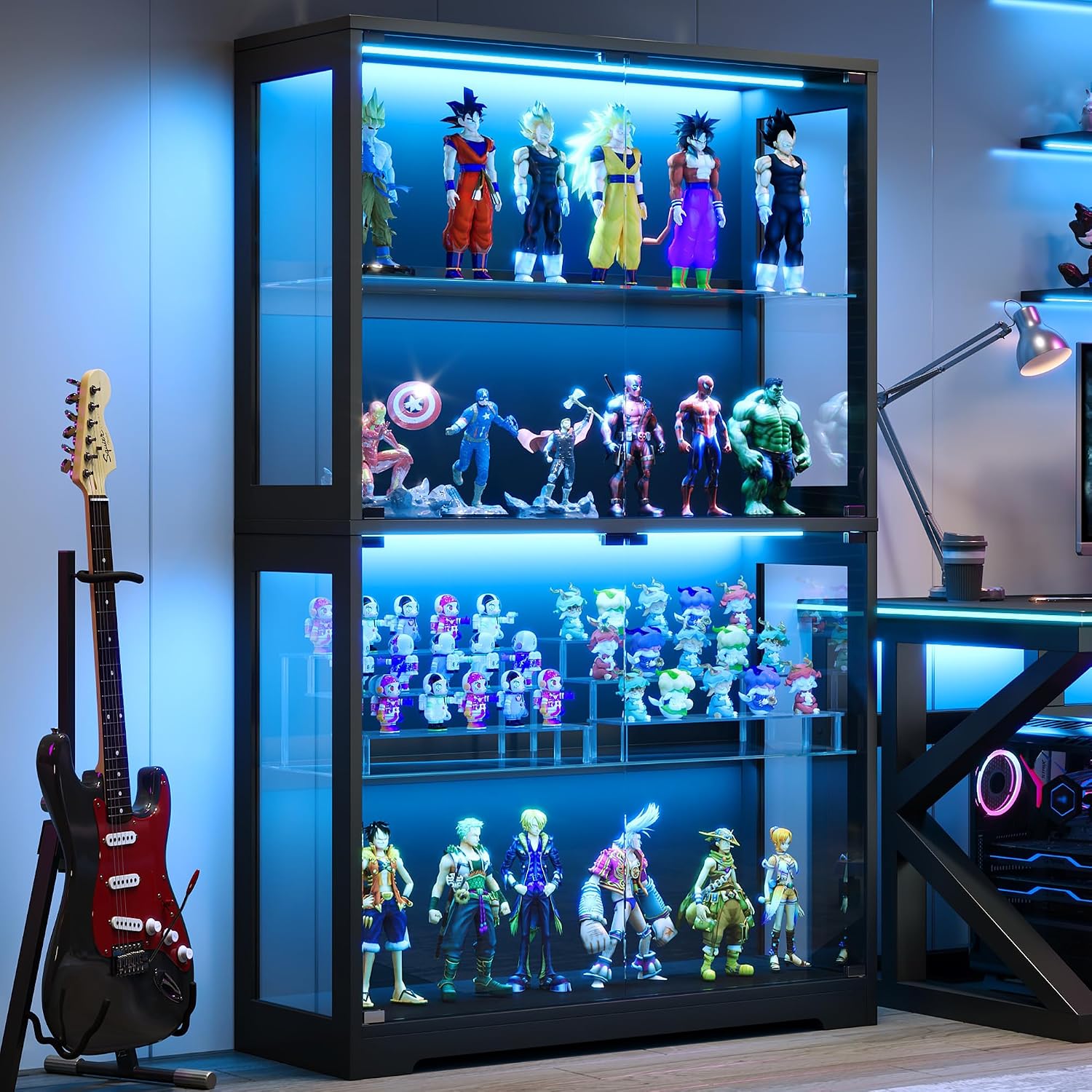 Donox Display Cabinet with 100+Color RGB LED Lights & Adjustable Glass Shelves, 4-Tier Curio Cabinet with Tempered Glass Doors & Motion Sensor for Collectibles, Home, Black