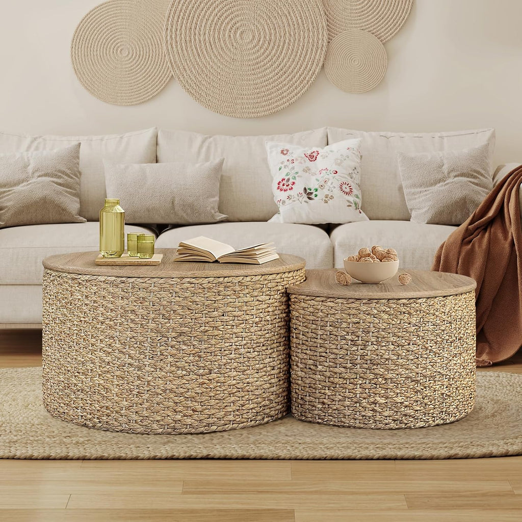 Nesting Coffee Table Set of 2, Rustic Crate and Barrel Coffee Table, Hand-Woven Woven Nesting Tables with Soild Wood Cover for Living Room, Bedroom