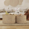 Nesting Coffee Table Set of 2, Rustic Crate and Barrel Coffee Table, Hand-Woven Woven Nesting Tables with Soild Wood Cover for Living Room, Bedroom