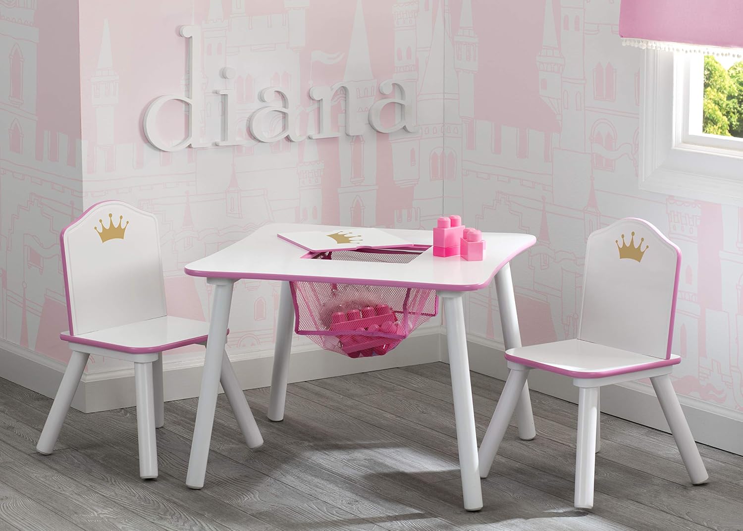 Delta Children Princess Crown Kids Wood Table and Chair Set with Storage - Greenguard Gold Certified, White/Pink