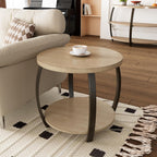 2-Tier Solid Wood Round End Table, American Rustic Circle Side Table Small Sofa Drum Table with Pine Wood Top & Curved Metal Legs for Living Room Bedroom, Natural Wood Color, 23.6" W x 21.7" H