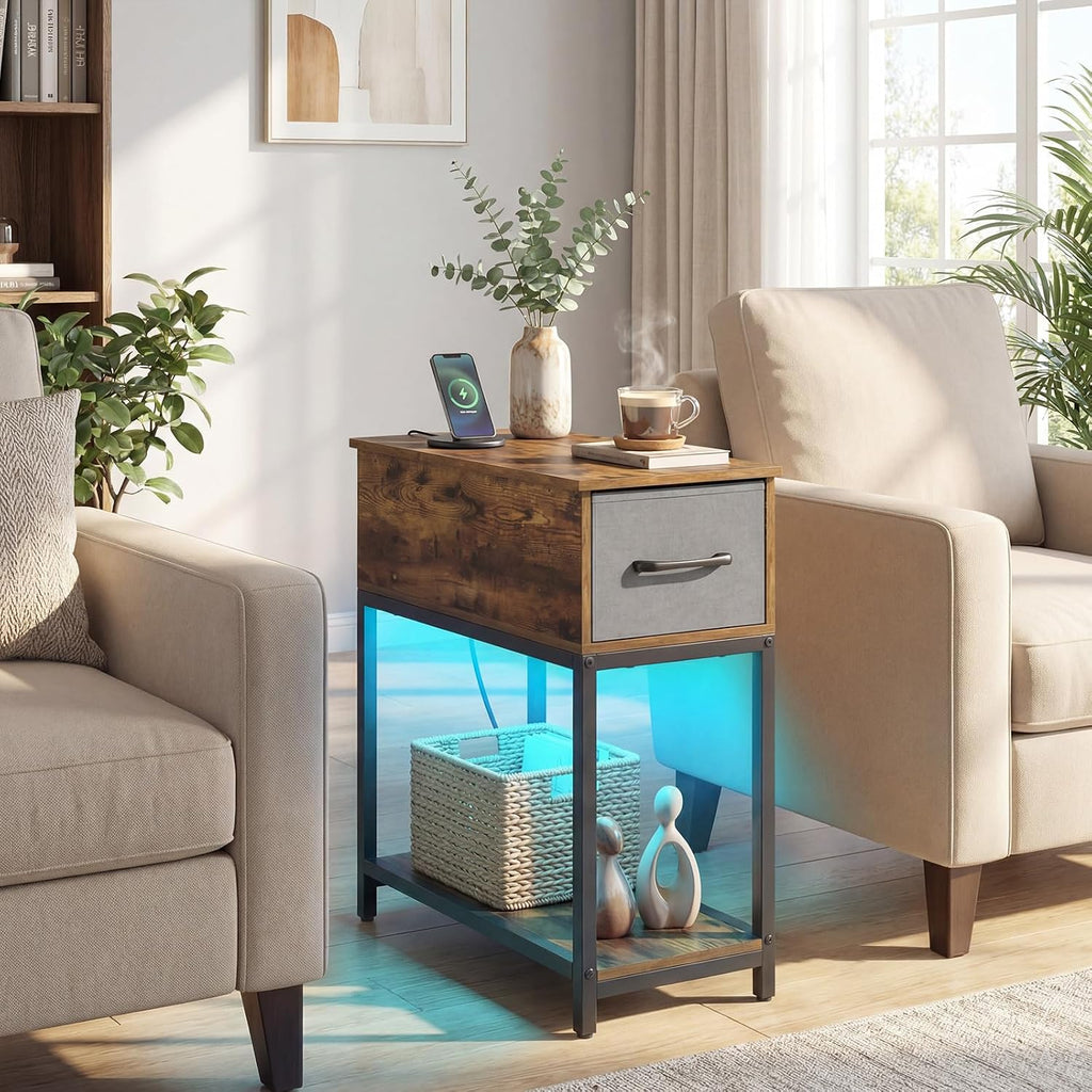 GOFLAME LED End Table with Hidden Charging Station, Narrow Compact Sofa Side Table with Storage Shelf & Fabric Drawer, Industrial Nightstand for Living Room, Bedroom, Rustic Brown (1)