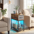 GOFLAME LED End Table with Hidden Charging Station, Narrow Compact Sofa Side Table with Storage Shelf & Fabric Drawer, Industrial Nightstand for Living Room, Bedroom, Rustic Brown (1)