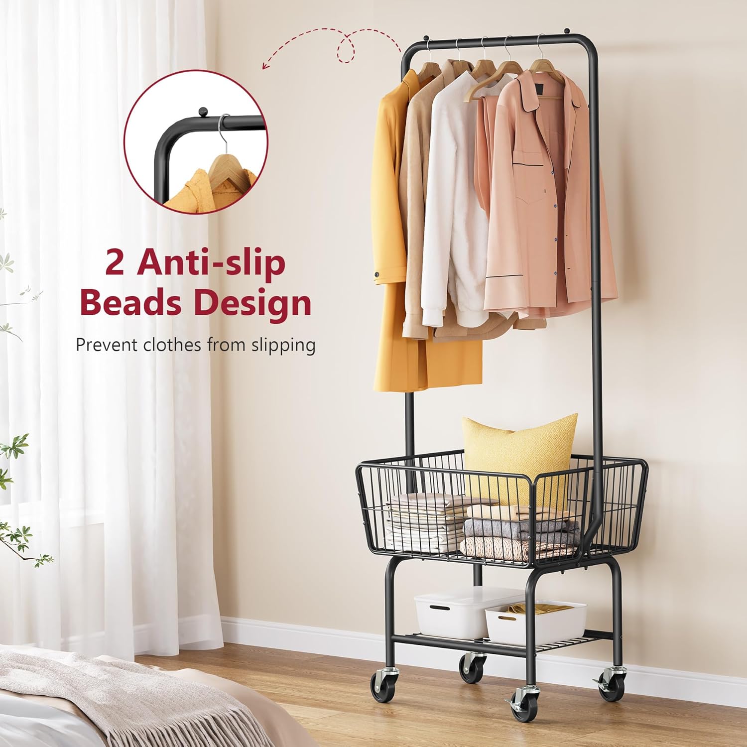Tajsoon Laundry Cart with Hanging Rack, Metal Laundry Basket with Wheels, Laundry Hamper with Storage Basket and Shelf, Rolling Laundry Cart with Wheels, Black