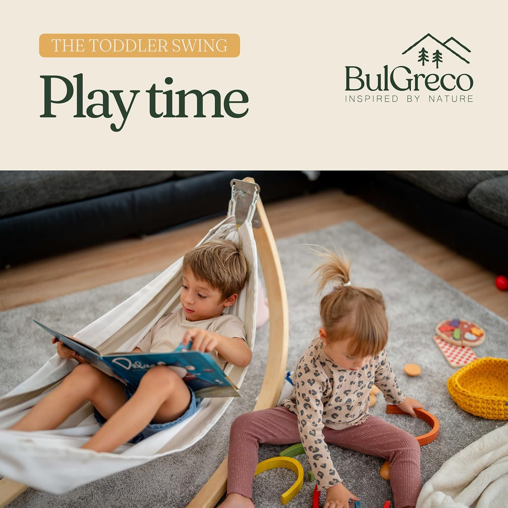 GiggleNest by BulGreco - Kids Foldable Hammock Swing for Toddler Fun, Nap, Play, Sleep. Wooden with Unique 2 Way Swinging Motion, Children 1.5+ to 6 years, up to 45" and 70lb. Rocker 100% Cotton Cloth