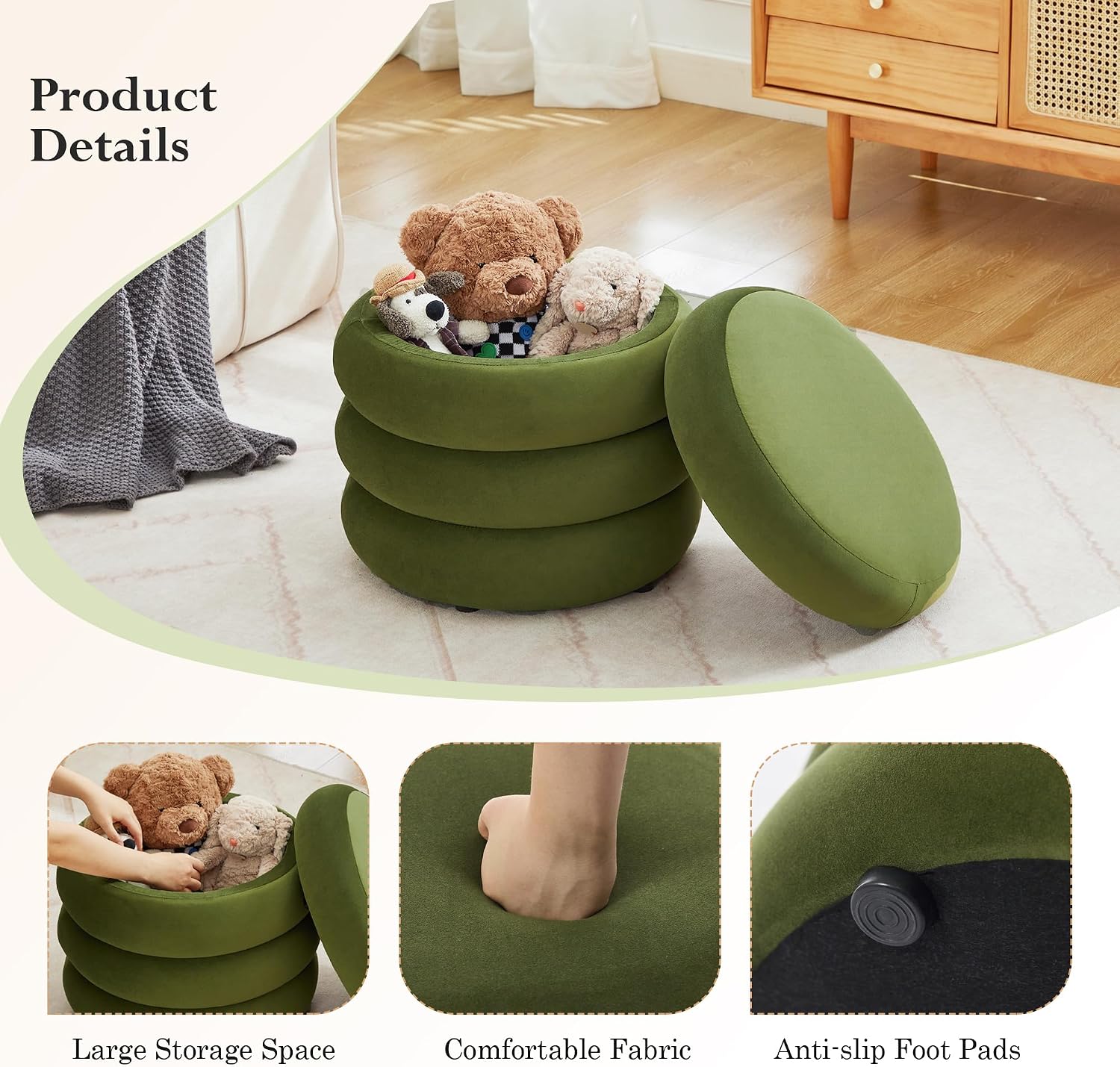 19.5 Inch Round Storage Ottoman, Modern Velvet Ottoman Coffee Table with Removable Top, Green Vanity Stool with Storage for Bedroom, Living Room, Dorm, Set of 2