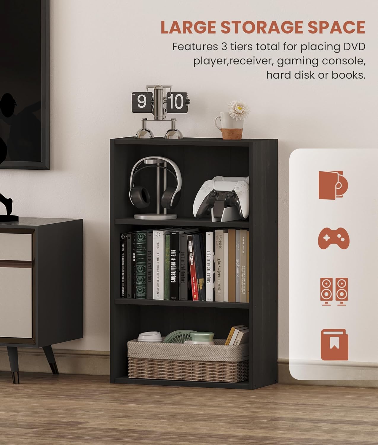 DVD Storage Cabinet Shelf, 3 Tier Media Storage Tower for CDs & Video Games, Freestanding Organizer Shelf for Living Room Home Office, Holds 80+ DVDs(Black)