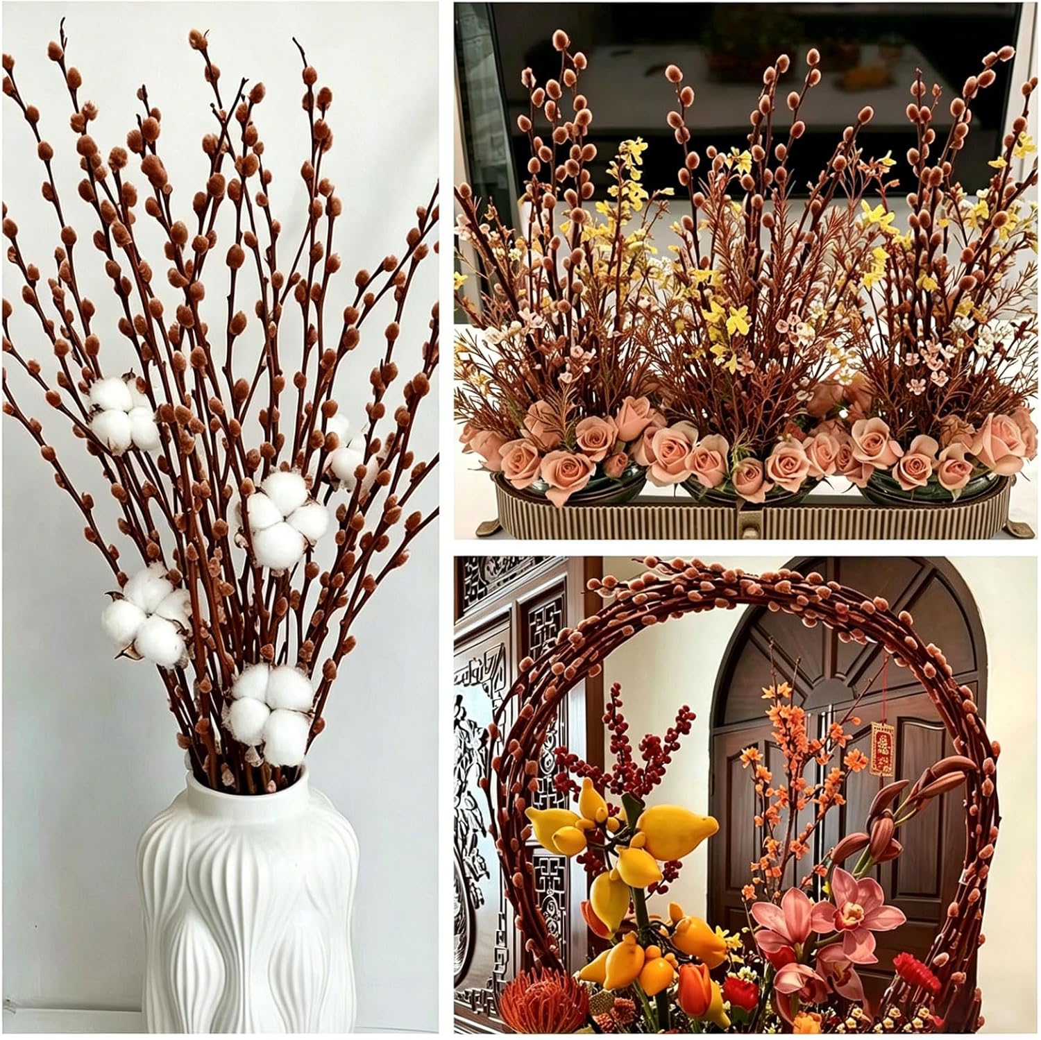 Natural Preserved Dried PussyWillow Branches for Vases, 20 Stems Real Willows, 17” Snow Pussywillows, Dried Flowers for Indoor Decor, Wedding Home DIY Floral Art Plants Fireplace, Brown