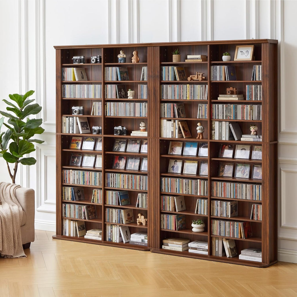 LEVNARY 71" Media Storage Tower, 22-Compartment Multimedia Cabinet with Adjustable Shelves, Fluted Grooved Sides, Anti-Tip Kit, for Movies, Games and Books (Walnut)