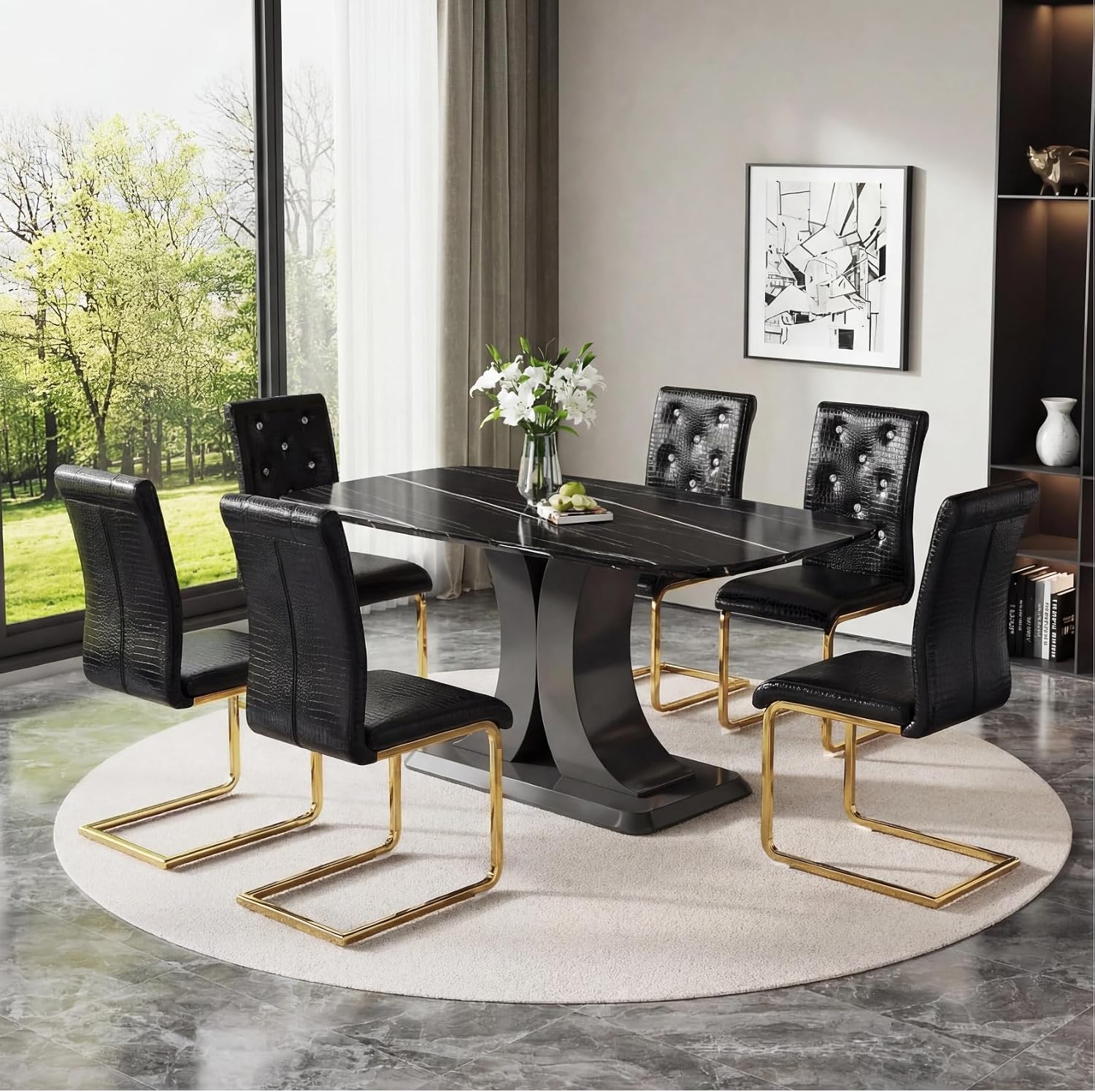 Modern Dining Table Set for 6, Faux Marble Kitchen Table Chairs Set, 63" Rectangular MDF Table Upholstered Chrome Chairs, Easy Clean for Dining Room