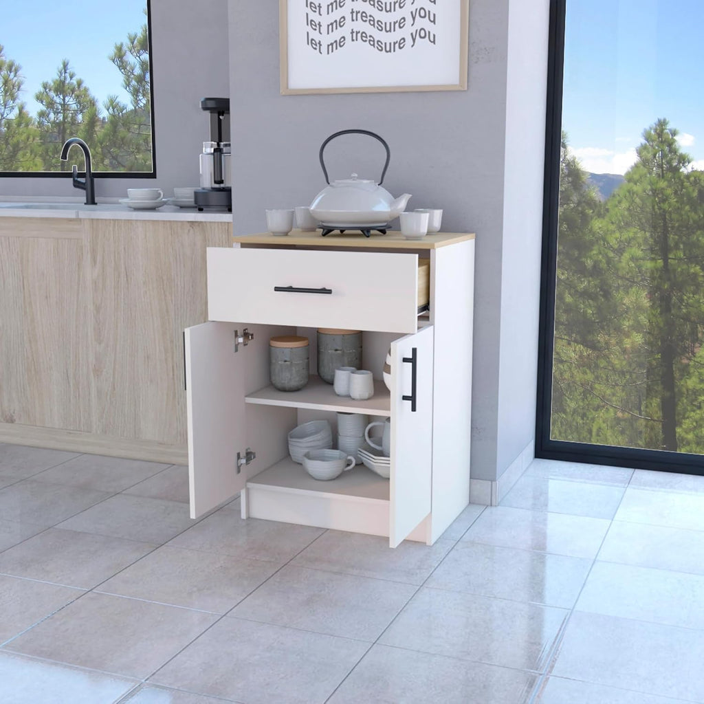 23.6" D*15.9" W*33.5" H Freestanding Kitchen Pantry with Dawer & Shelf, Lower Double Door, Natural Wood Top, Rectangular Wood Storage Cabinet, Modern, for Living Room, Dining Room, White