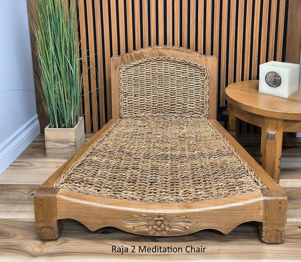Handcrafted Wooden Meditation Chair with Woven Seagrass Seat, 30 x 28 x 18 inches (Stone)