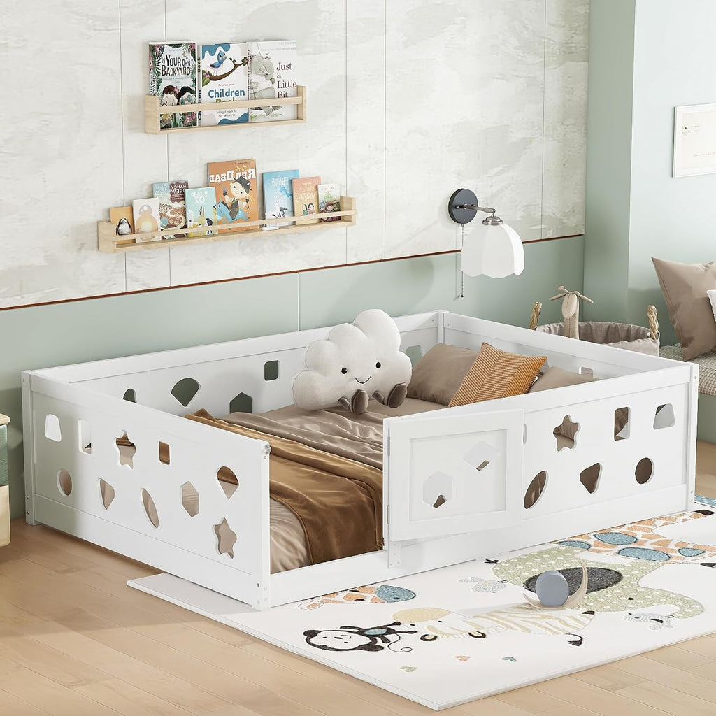 Full Size Floor Bed with Heightened Safety Guardrails and Door, Solid Wood Bede with Rails for Girls, Boys, Teens, Child Bedroom, Playroom, No Slats Included, White EC170