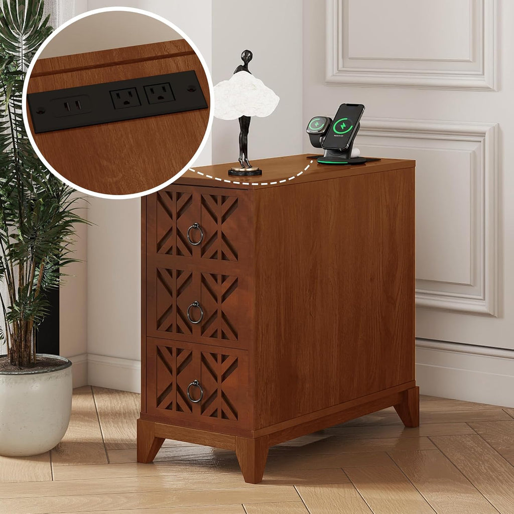 End Table with 3 Drawers and 2 Open Shelves, Walnut Finish Corner Table for Bedroom